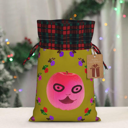 Funny Face Peach Print Christmas Gift Bag – Reusable Xmas Holiday Pouches with Drawstring, Anniversaries & Party Favors