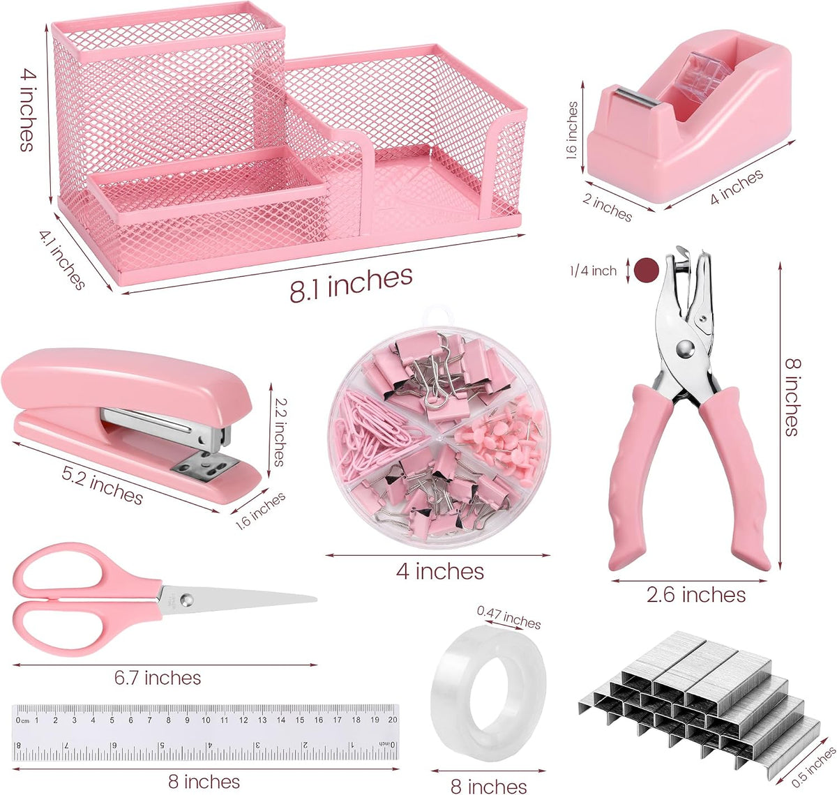 Pink Office Desk Accessories, 9 Pcs Desk Organizers and Accessories with Mesh Pen Holder, Stapler, Tape Dispenser, Hole Punch, Office Supplies Set for Office Home School Women Students Gift