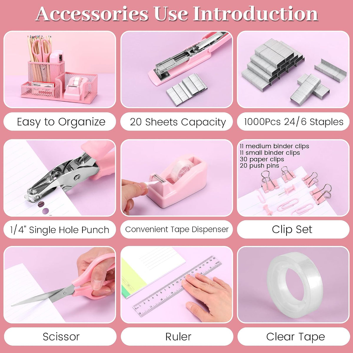 Pink Office Desk Accessories, 9 Pcs Desk Organizers and Accessories with Mesh Pen Holder, Stapler, Tape Dispenser, Hole Punch, Office Supplies Set for Office Home School Women Students Gift