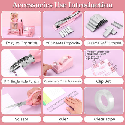 Pink Office Desk Accessories, 9 Pcs Desk Organizers and Accessories with Mesh Pen Holder, Stapler, Tape Dispenser, Hole Punch, Office Supplies Set for Office Home School Women Students Gift
