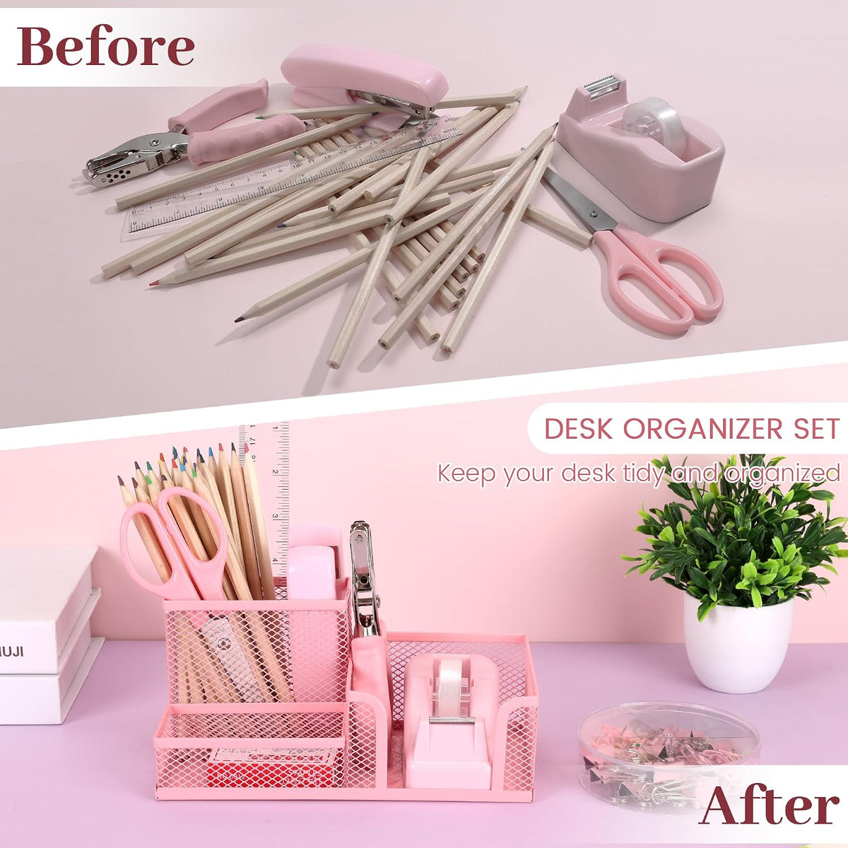 Pink Office Desk Accessories, 9 Pcs Desk Organizers and Accessories with Mesh Pen Holder, Stapler, Tape Dispenser, Hole Punch, Office Supplies Set for Office Home School Women Students Gift
