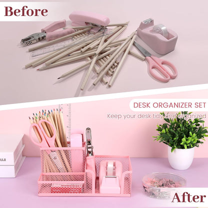 Pink Office Desk Accessories, 9 Pcs Desk Organizers and Accessories with Mesh Pen Holder, Stapler, Tape Dispenser, Hole Punch, Office Supplies Set for Office Home School Women Students Gift