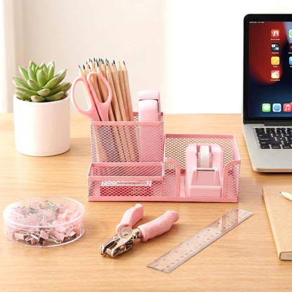 Pink Office Desk Accessories, 9 Pcs Desk Organizers and Accessories with Mesh Pen Holder, Stapler, Tape Dispenser, Hole Punch, Office Supplies Set for Office Home School Women Students Gift