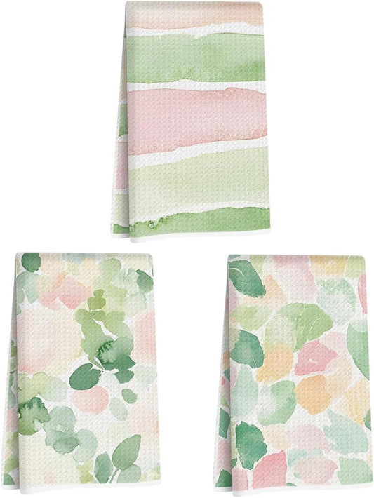 3 Pcs Pastel Pink Green Stripe Kitchen Towels, Watercolor Flower Leaves Decorative Absorbent Microfiber Dish Cloth Tea Towel, Waffle Hand Towels for Farmhouse Home Bathroom, Housewarming Gifts