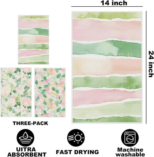 3 Pcs Pastel Pink Green Stripe Kitchen Towels, Watercolor Flower Leaves Decorative Absorbent Microfiber Dish Cloth Tea Towel, Waffle Hand Towels for Farmhouse Home Bathroom, Housewarming Gifts