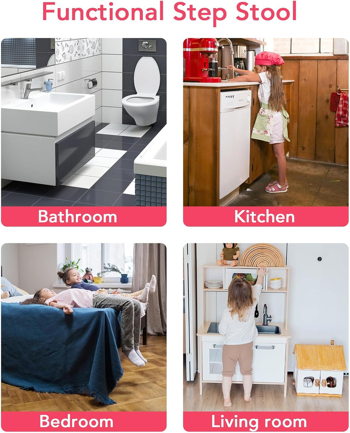 Step Stool for Kids, Cute Design Toddler Kids Step Stool for Kitchen Bathroom and Toilet Potty Training, Sturdy and Lightweight Non-Skid Safety Foot Stool (Pink)