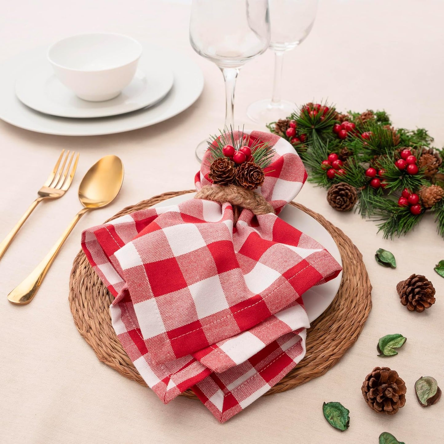 Blue Needles Gingham Buffalo Plaid Cloth Napkins 100% Cotton Set of 12 Dinner Table Napkins 18x18 inch Soft, Reusable, Washable Perfect for Spring Summer Easter & Everyday Use - Red & White