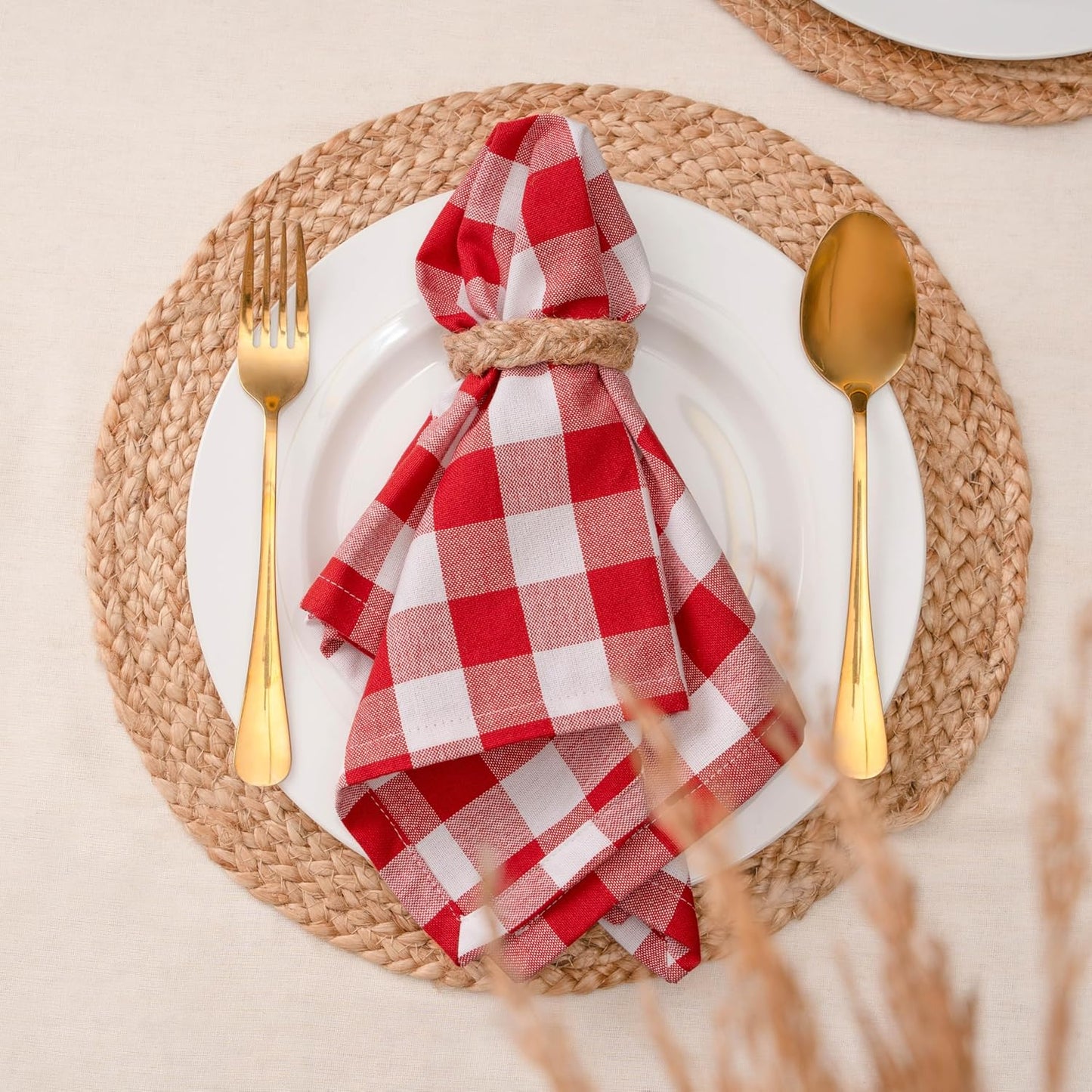 Blue Needles Gingham Buffalo Plaid Cloth Napkins 100% Cotton Set of 12 Dinner Table Napkins 18x18 inch Soft, Reusable, Washable Perfect for Spring Summer Easter & Everyday Use - Red & White