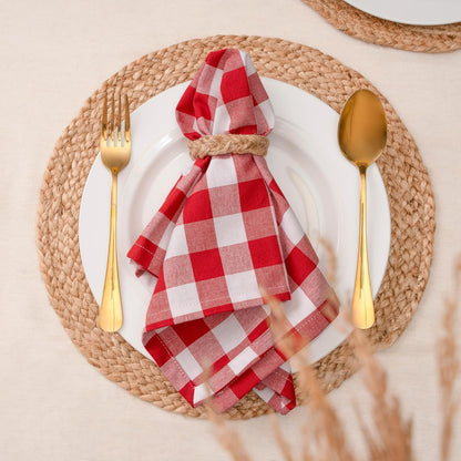 Blue Needles Gingham Buffalo Plaid Cloth Napkins 100% Cotton Set of 12 Dinner Table Napkins 18x18 inch Soft, Reusable, Washable Perfect for Spring Summer Easter & Everyday Use - Red & White