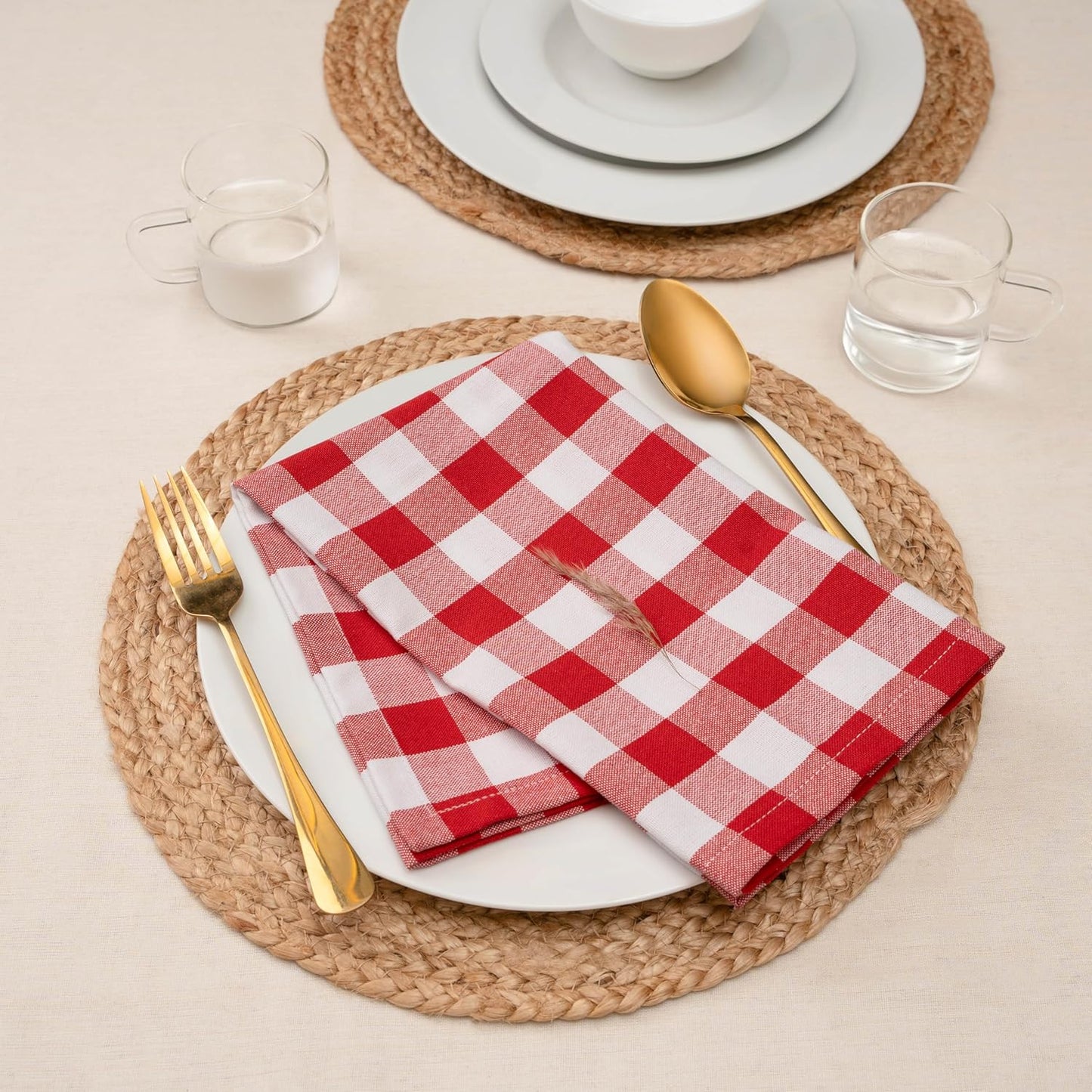 Blue Needles Gingham Buffalo Plaid Cloth Napkins 100% Cotton Set of 12 Dinner Table Napkins 18x18 inch Soft, Reusable, Washable Perfect for Spring Summer Easter & Everyday Use - Red & White