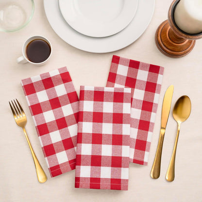 Blue Needles Gingham Buffalo Plaid Cloth Napkins 100% Cotton Set of 12 Dinner Table Napkins 18x18 inch Soft, Reusable, Washable Perfect for Spring Summer Easter & Everyday Use - Red & White