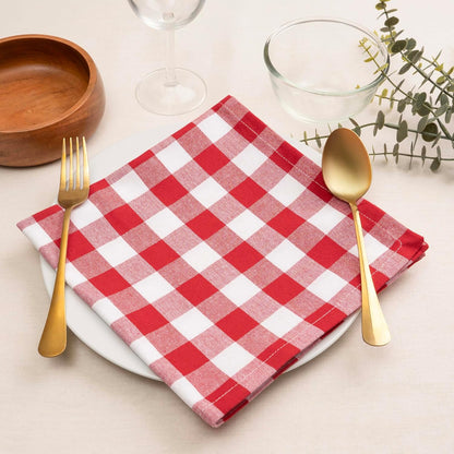 Blue Needles Gingham Buffalo Plaid Cloth Napkins 100% Cotton Set of 12 Dinner Table Napkins 18x18 inch Soft, Reusable, Washable Perfect for Spring Summer Easter & Everyday Use - Red & White