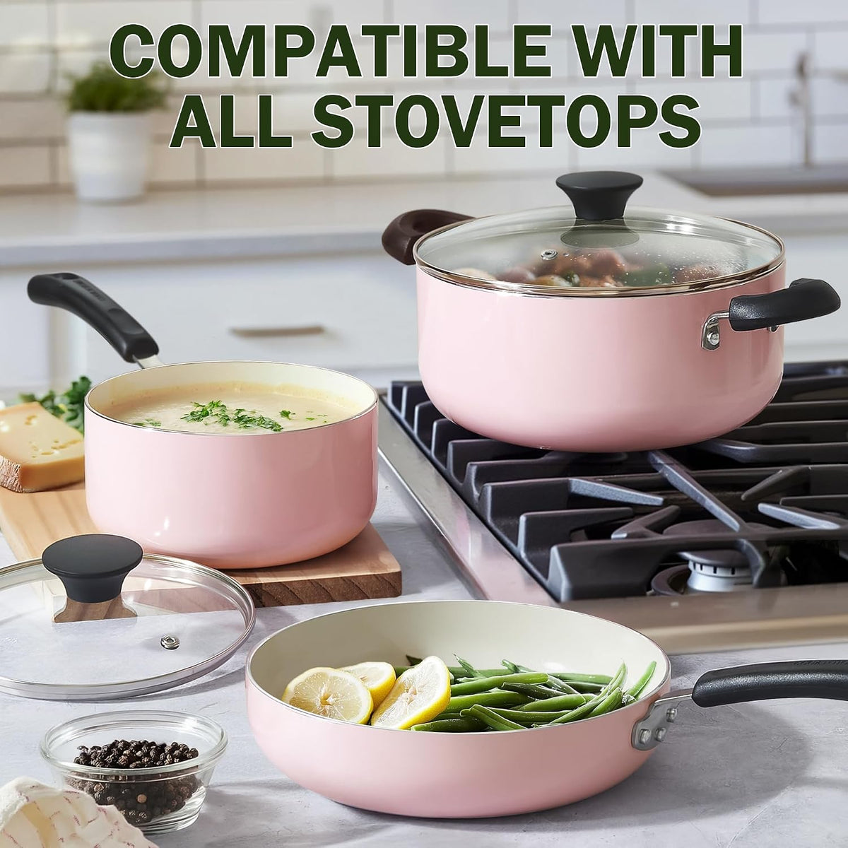 Basics Ceramic Nonstick Cookware Set, 10-Piece, Pink