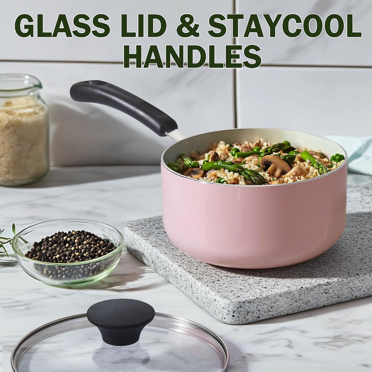 Basics Ceramic Nonstick Cookware Set, 10-Piece, Pink