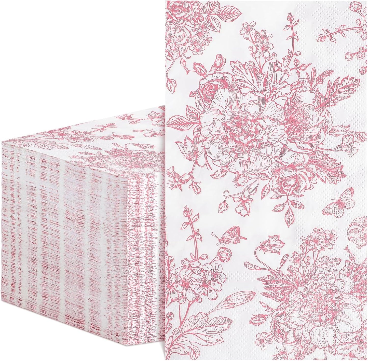 100 Pcs Pink Floral Napkins, Disposable Decorative Bathroom Napkin Pink Toile Guest Dinner Napkin for Wedding, Bridal Baby Shower, Tea Party