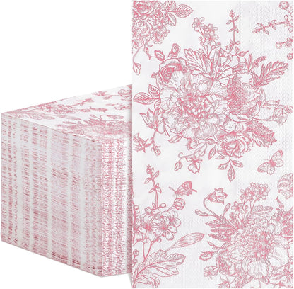 100 Pcs Pink Floral Napkins, Disposable Decorative Bathroom Napkin Pink Toile Guest Dinner Napkin for Wedding, Bridal Baby Shower, Tea Party