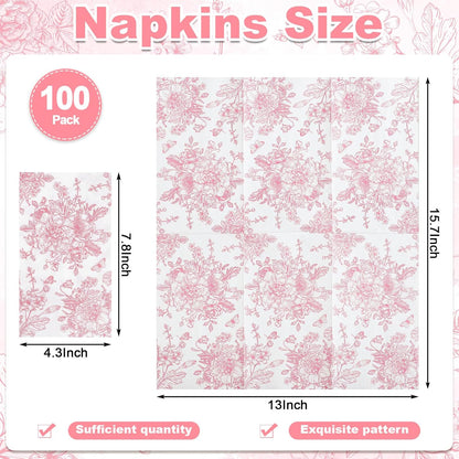 100 Pcs Pink Floral Napkins, Disposable Decorative Bathroom Napkin Pink Toile Guest Dinner Napkin for Wedding, Bridal Baby Shower, Tea Party