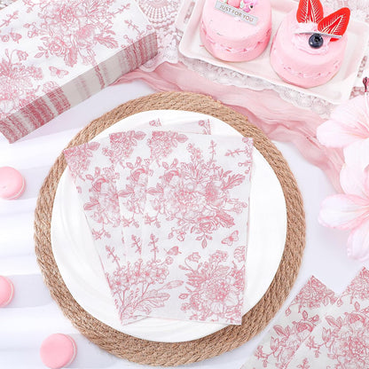 100 Pcs Pink Floral Napkins, Disposable Decorative Bathroom Napkin Pink Toile Guest Dinner Napkin for Wedding, Bridal Baby Shower, Tea Party