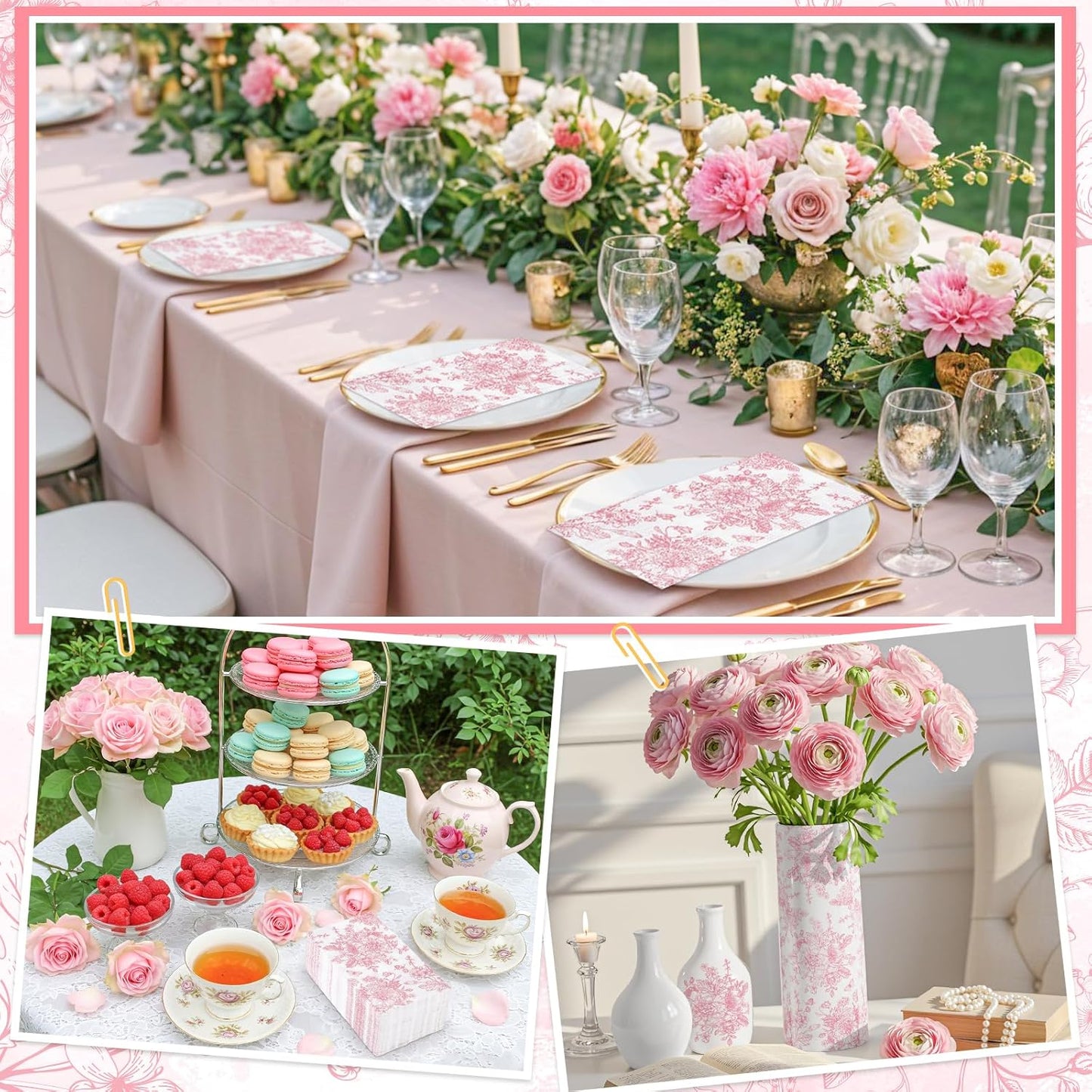 100 Pcs Pink Floral Napkins, Disposable Decorative Bathroom Napkin Pink Toile Guest Dinner Napkin for Wedding, Bridal Baby Shower, Tea Party