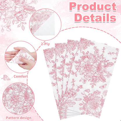 100 Pcs Pink Floral Napkins, Disposable Decorative Bathroom Napkin Pink Toile Guest Dinner Napkin for Wedding, Bridal Baby Shower, Tea Party