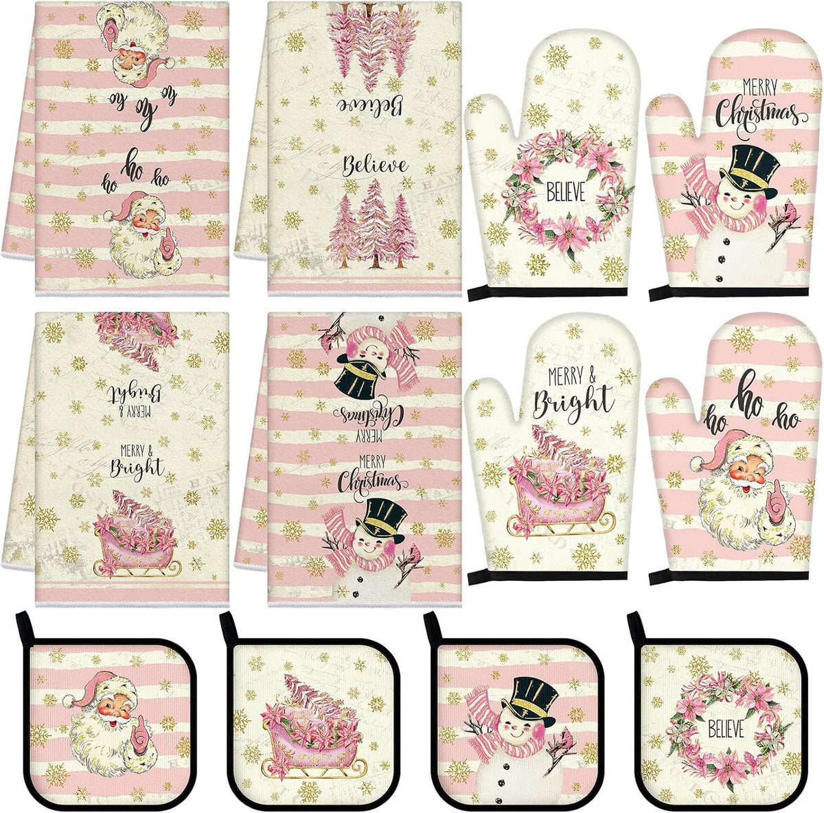 12 Pcs Christmas Pink Kitchen Towels and Oven Mitt Sets 4 Santa Claus Oven Mitts 4 Snowman Dish Towels and 4 Plaid Wreath Pot Holders Cooking Accessories for Winter Holiday Kitchen Decoration