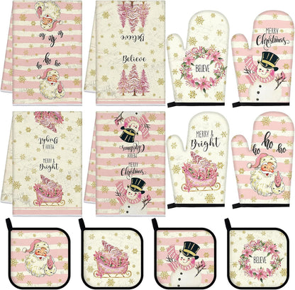 12 Pcs Christmas Pink Kitchen Towels and Oven Mitt Sets 4 Santa Claus Oven Mitts 4 Snowman Dish Towels and 4 Plaid Wreath Pot Holders Cooking Accessories for Winter Holiday Kitchen Decoration