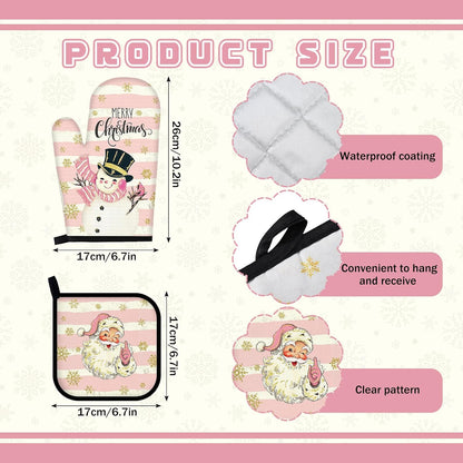 12 Pcs Christmas Pink Kitchen Towels and Oven Mitt Sets 4 Santa Claus Oven Mitts 4 Snowman Dish Towels and 4 Plaid Wreath Pot Holders Cooking Accessories for Winter Holiday Kitchen Decoration