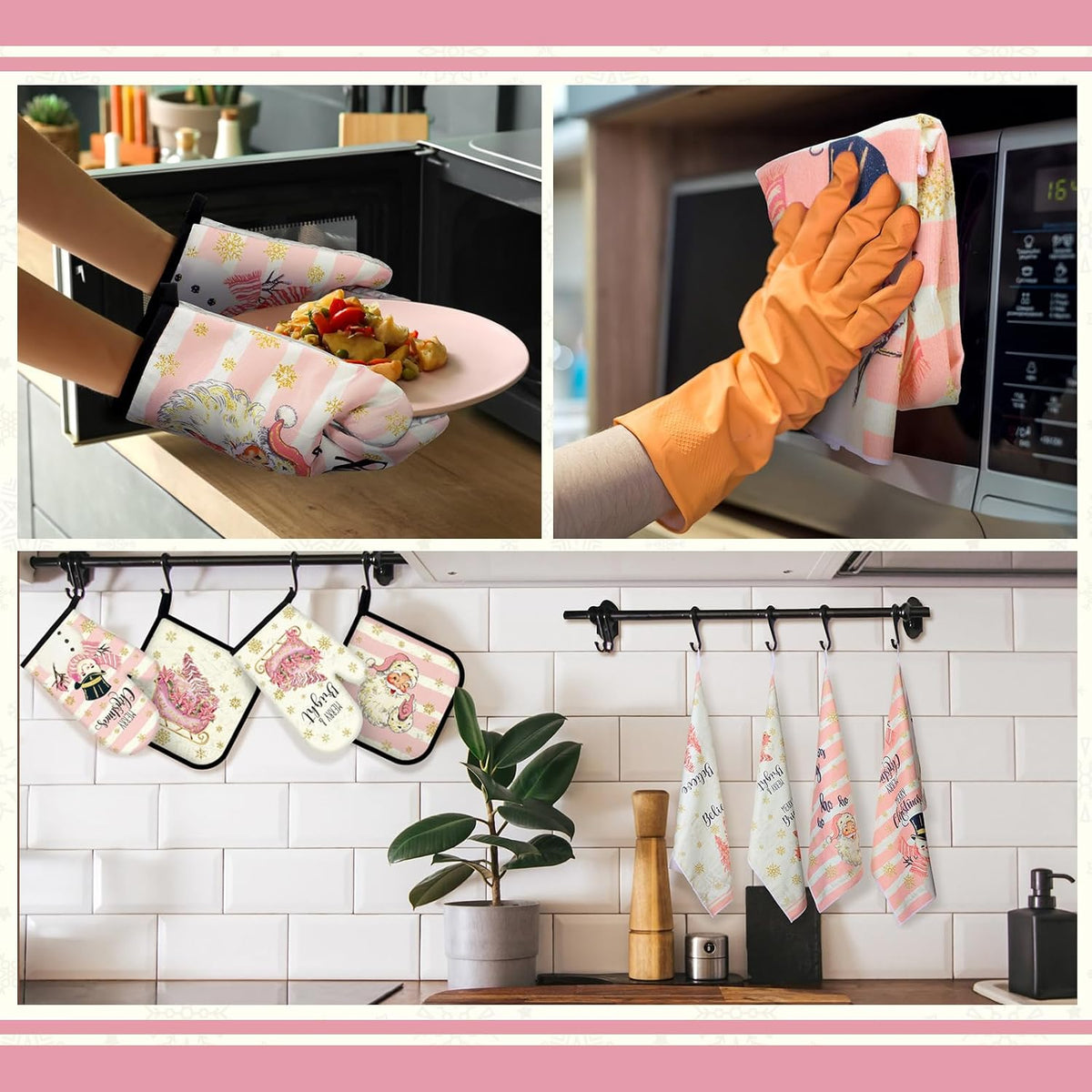 12 Pcs Christmas Pink Kitchen Towels and Oven Mitt Sets 4 Santa Claus Oven Mitts 4 Snowman Dish Towels and 4 Plaid Wreath Pot Holders Cooking Accessories for Winter Holiday Kitchen Decoration