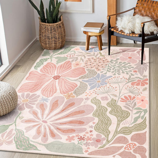 Pink 3x5 Washable Rugs,Floral Area Rug Non Slip Low-Pile