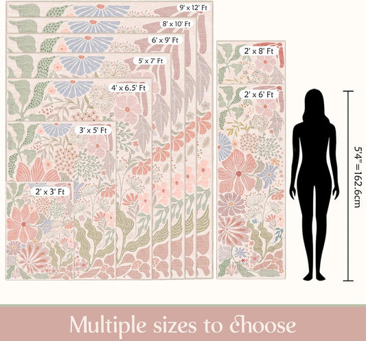 Pink 3x5 Washable Rugs,Floral Area Rug Non Slip Low-Pile