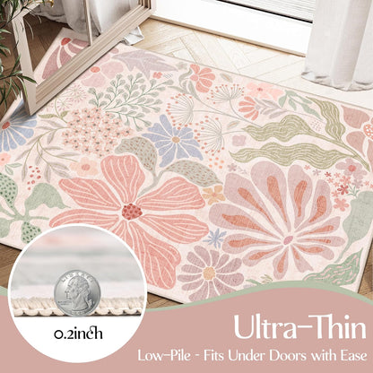 Pink 3x5 Washable Rugs,Floral Area Rug Non Slip Low-Pile