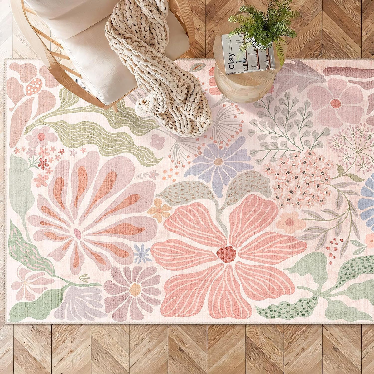 Pink 3x5 Washable Rugs,Floral Area Rug Non Slip Low-Pile