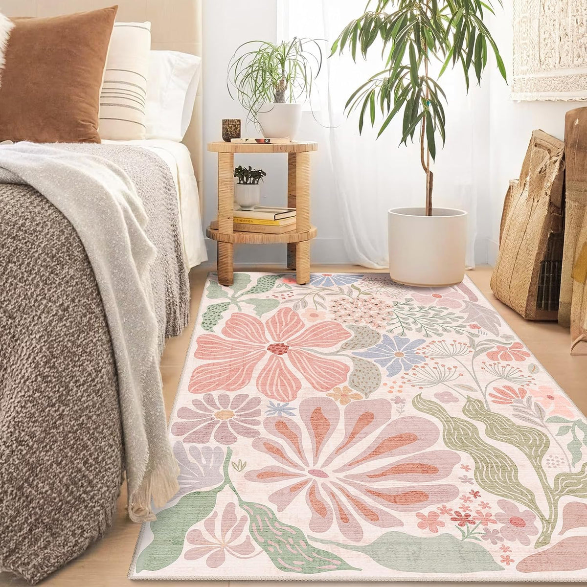 Pink 3x5 Washable Rugs,Floral Area Rug Non Slip Low-Pile