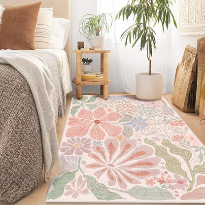 Pink 3x5 Washable Rugs,Floral Area Rug Non Slip Low-Pile