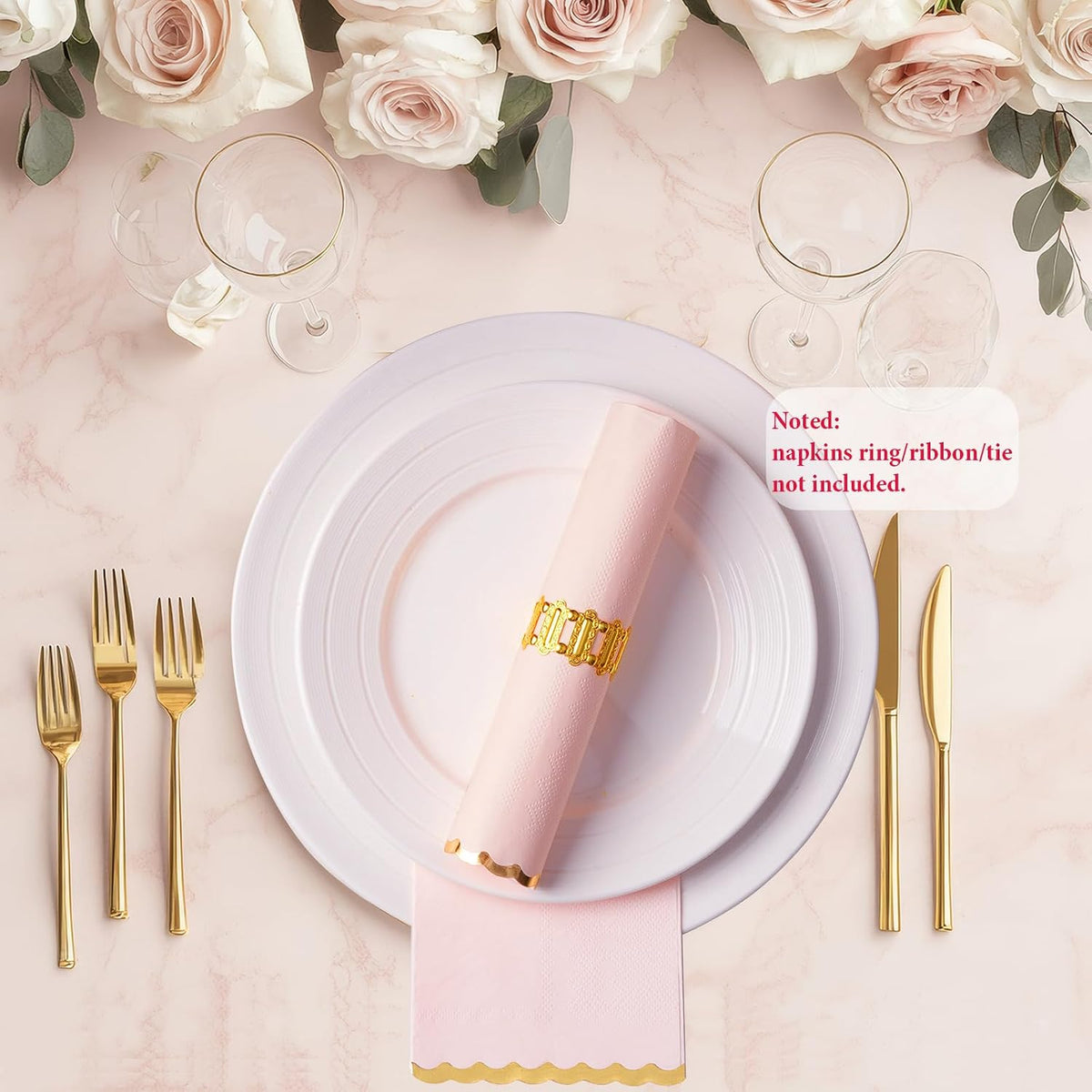 Pink Gold Foil Scalloped Edge Dinner Napkins 50 Pack - Elegant Disposable Guest Napkins for Wedding, Bridal Shower, Baby Shower, Birthday & Valentine's Day (4 x 8 Inches)