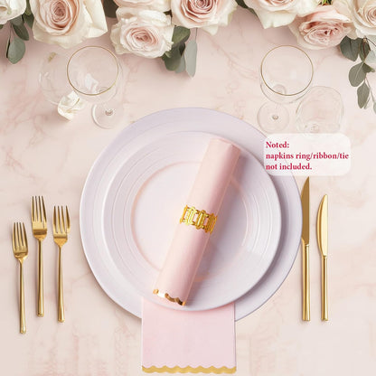Pink Gold Foil Scalloped Edge Dinner Napkins 50 Pack - Elegant Disposable Guest Napkins for Wedding, Bridal Shower, Baby Shower, Birthday & Valentine's Day (4 x 8 Inches)