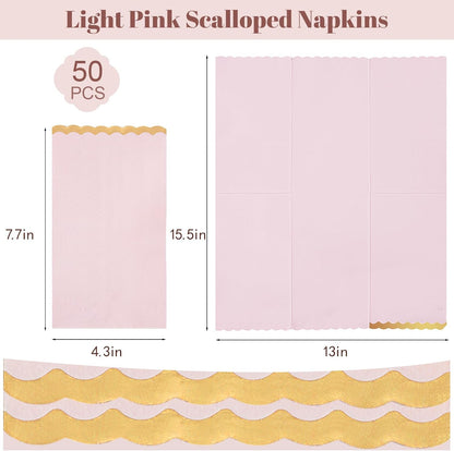 Pink Gold Foil Scalloped Edge Dinner Napkins 50 Pack - Elegant Disposable Guest Napkins for Wedding, Bridal Shower, Baby Shower, Birthday & Valentine's Day (4 x 8 Inches)