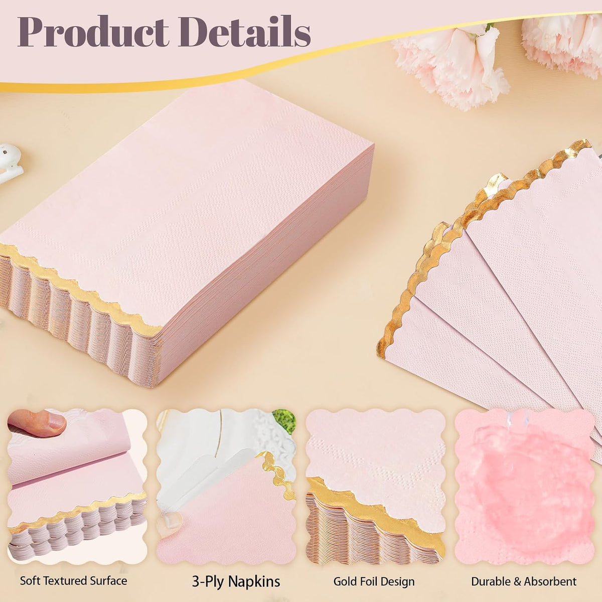 Pink Gold Foil Scalloped Edge Dinner Napkins 50 Pack - Elegant Disposable Guest Napkins for Wedding, Bridal Shower, Baby Shower, Birthday & Valentine's Day (4 x 8 Inches)