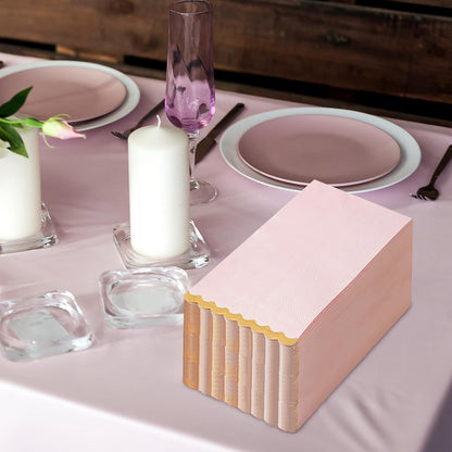 Pink Gold Foil Scalloped Edge Dinner Napkins 50 Pack - Elegant Disposable Guest Napkins for Wedding, Bridal Shower, Baby Shower, Birthday & Valentine's Day (4 x 8 Inches)