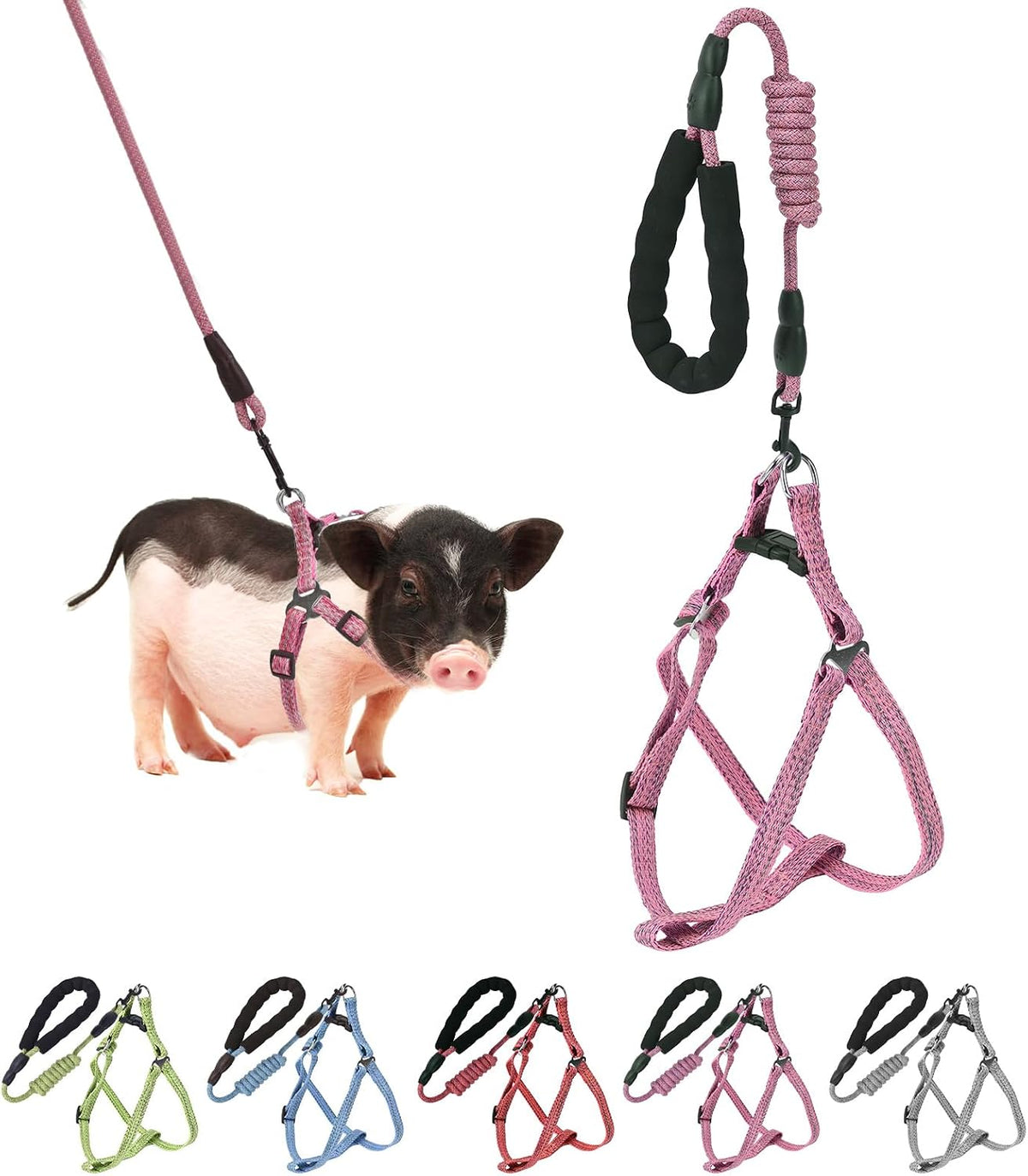 Mini Pig Harness Adjustable with Leash Foam Handle Pink, M