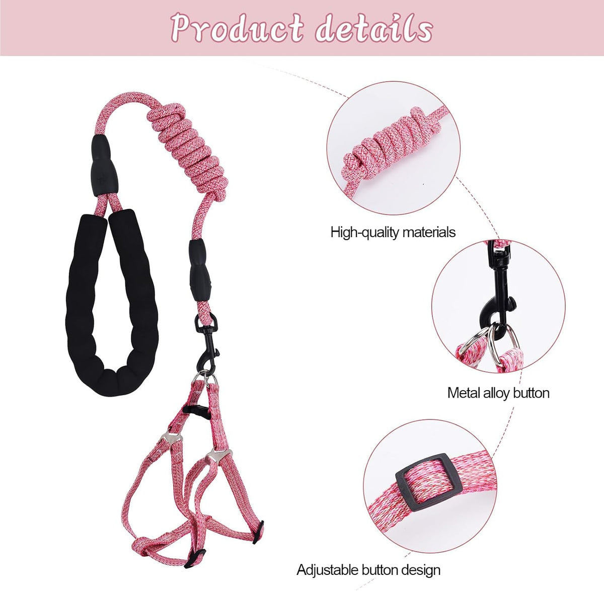 Mini Pig Harness Adjustable with Leash Foam Handle Pink, M