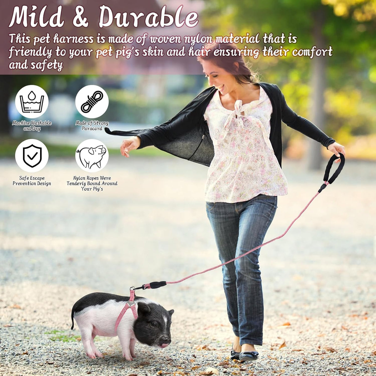Mini Pig Harness Adjustable with Leash Foam Handle Pink, M