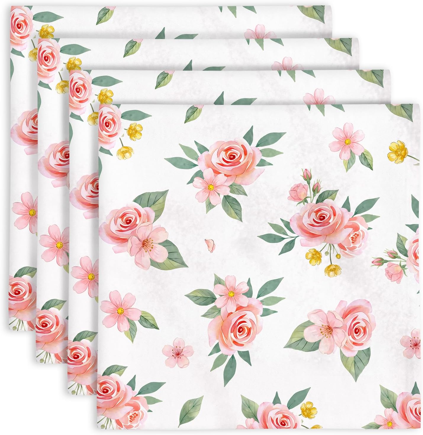 Pink Floral Print Napkins Set of 4, 18x18 Inch Soft Absorbent Washable Reusable Cloth Napkins, Floral Gifts for Flower Lovers, Bridal Shower, Wedding, Tea Party & Table Decor