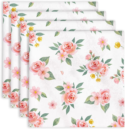 Pink Floral Print Napkins Set of 4, 18x18 Inch Soft Absorbent Washable Reusable Cloth Napkins, Floral Gifts for Flower Lovers, Bridal Shower, Wedding, Tea Party & Table Decor