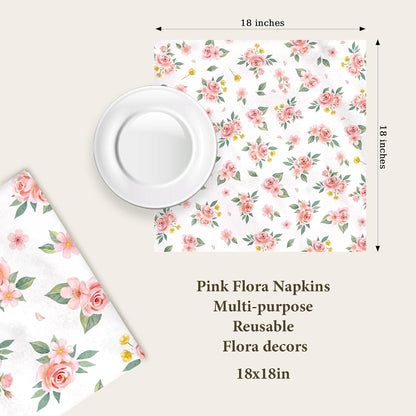 Pink Floral Print Napkins Set of 4, 18x18 Inch Soft Absorbent Washable Reusable Cloth Napkins, Floral Gifts for Flower Lovers, Bridal Shower, Wedding, Tea Party & Table Decor