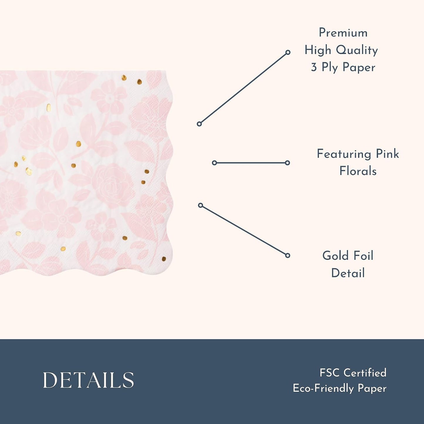 Pink Floral Paper Party Napkins | Disposable, 3-Ply Napkins | Gold Foil | Premium Large Lunch Size | Premium Party Supplies & Decorations | Holidays & Birthday Parties | Pack of 20, 6.5"