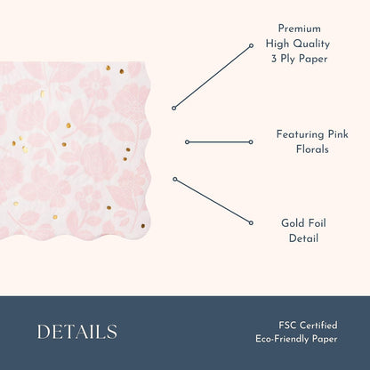 Pink Floral Paper Party Napkins | Disposable, 3-Ply Napkins | Gold Foil | Premium Large Lunch Size | Premium Party Supplies & Decorations | Holidays & Birthday Parties | Pack of 20, 6.5"