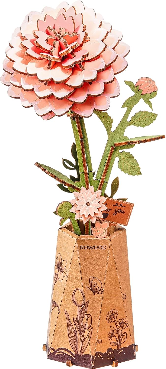 Rowood 3D Puzzle,Mother's Day DIY Wooden Flower Building Craft Kits for Adults,Botannical Collection Home Decor,Christmas/Birthday/Teacher's Day/Valentine's Day Gift- Pink Dahlia