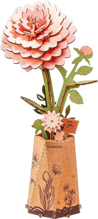 Rowood 3D Puzzle,Mother's Day DIY Wooden Flower Building Craft Kits for Adults,Botannical Collection Home Decor,Christmas/Birthday/Teacher's Day/Valentine's Day Gift- Pink Dahlia