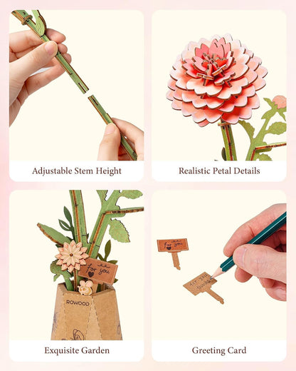 Rowood 3D Puzzle,Mother's Day DIY Wooden Flower Building Craft Kits for Adults,Botannical Collection Home Decor,Christmas/Birthday/Teacher's Day/Valentine's Day Gift- Pink Dahlia